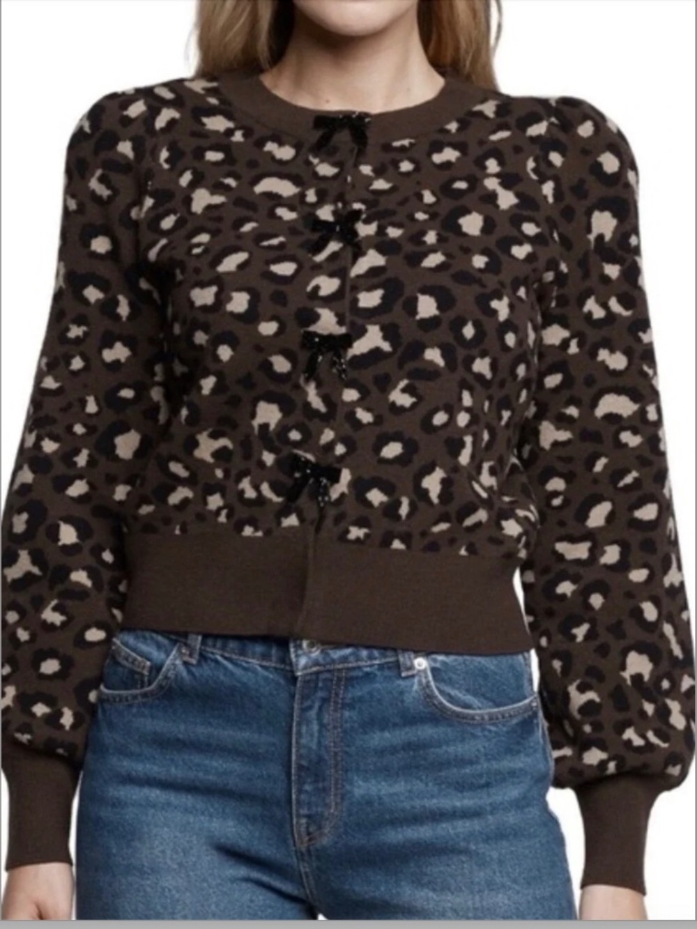 Express Animal Print Bow Button Sweater Large